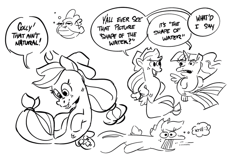 Size: 3082x2098 | Tagged: safe, artist:kylesmeallie, derpibooru import, applejack, spike, twilight sparkle, fish, puffer fish, seapony (g4), my little pony: the movie, black and white, dialogue, eating, grayscale, image, krill, lineart, monochrome, png, seaponified, seapony applejack, seapony twilight, species swap, speech bubble, spike the pufferfish, the shape of water, thought bubble, trio, underwater