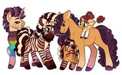 Size: 2600x1600 | Tagged: safe, artist:loryska, derpibooru import, saffron masala, oc, oc:bhut jolokia, oc:kashmiri, oc:zani, oc:zircon, hybrid, pony, unicorn, zebra, zony, female, image, male, png, simple background, white background