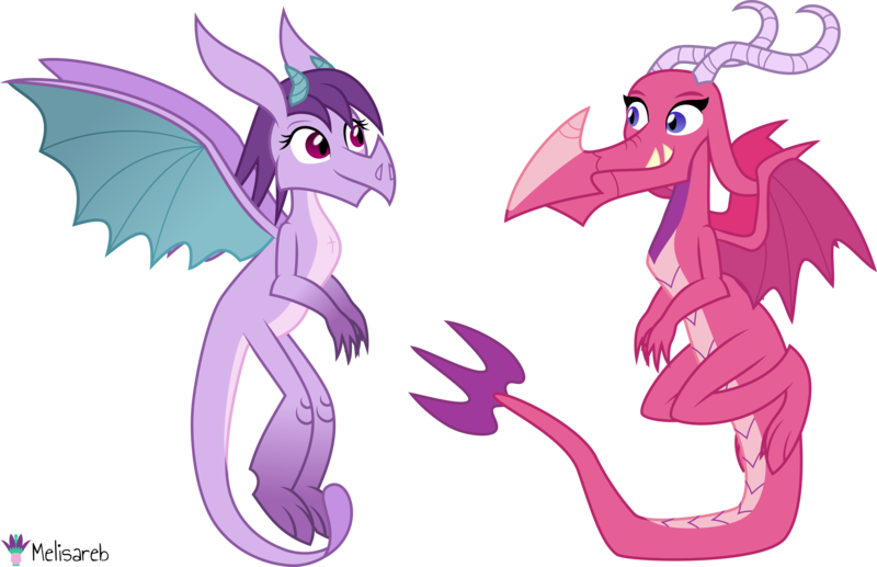 Size: 7733x5000 | Tagged: safe, artist:melisareb, derpibooru import, ballista, prominence, dragon, absurd resolution, dragoness, duo, fangs, female, flying, g4 mega collab, horns, image, looking at each other, png, simple background, .svg available, transparent background, vector, wings