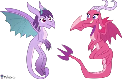 Size: 7733x5000 | Tagged: safe, artist:melisareb, derpibooru import, ballista, prominence, dragon, absurd resolution, dragoness, duo, fangs, female, flying, g4 mega collab, horns, image, looking at each other, png, simple background, .svg available, transparent background, vector, wings