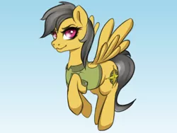 Size: 1600x1200 | Tagged: safe, artist:plaguemare, derpibooru import, daring do, pegasus, pony, clothes, female, flying, image, mare, png, sky, smiling, smirk, solo, wings