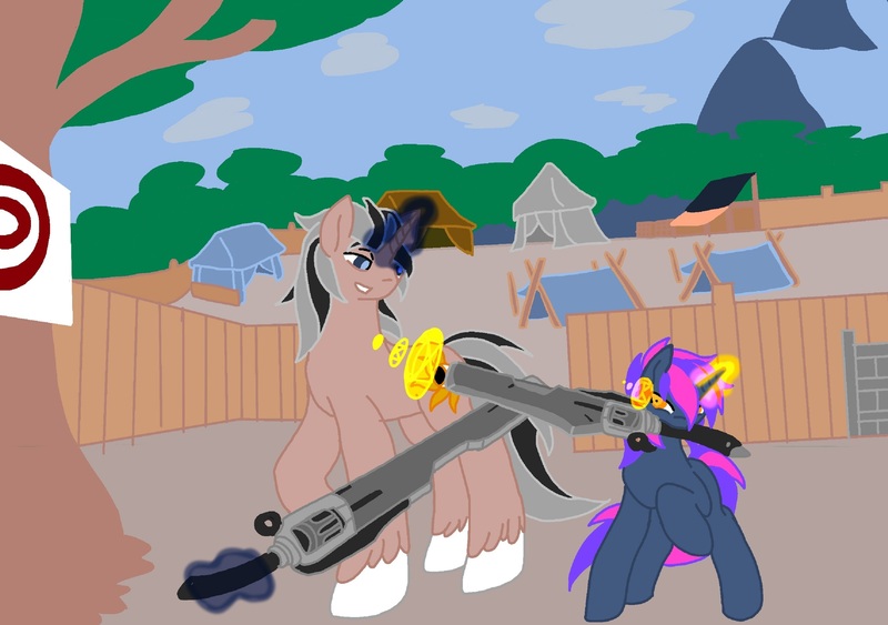 Size: 2840x2000 | Tagged: safe, artist:kurogetsuouji, derpibooru import, oc, oc:dusksworn catalyst, oc:eclipse, unofficial characters only, pony, unicorn, blank flank, camp, gunblade, height difference, horn, image, jpeg, magic, magic aura, magic circle, master and student, mountain, scene, scenery, target, tent, training, tree, unicorn oc, unshoven hooves
