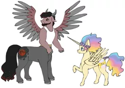 Size: 1536x1079 | Tagged: safe, artist:ukulelepineapplecat, derpibooru import, oc, unofficial characters only, alicorn, centaur, pony, alicorn oc, duo, female, horn, image, interspecies offspring, jpeg, male, mare, offspring, parent:princess celestia, parent:princess luna, parent:tirek, raised hoof, simple background, spread wings, story included, white background, wings