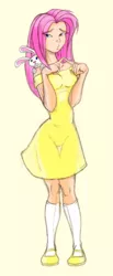 Size: 336x815 | Tagged: safe, artist:dustbunnypictures, derpibooru import, angel bunny, fluttershy, human, rabbit, animal, clothes, dress, female, humanized, image, jpeg, simple background, solo, yellow background