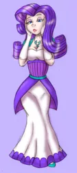 Size: 368x818 | Tagged: safe, artist:dustbunnypictures, derpibooru import, rarity, human, bedroom eyes, clothes, dress, evening gloves, female, gloves, humanized, image, jpeg, long gloves, purple background, simple background, solo