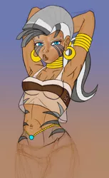 Size: 662x1082 | Tagged: safe, artist:dustbunnypictures, derpibooru import, zecora, human, abstract background, arm behind head, armpits, clothes, dark skin, ear piercing, earring, female, humanized, image, jewelry, jpeg, midriff, neck rings, pants, piercing, solo, tattoo