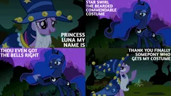 Size: 1280x720 | Tagged: safe, derpibooru import, edit, edited screencap, editor:quoterific, screencap, princess luna, twilight sparkle, alicorn, pony, unicorn, luna eclipsed, season 2, clothes, costume, crown, female, forest, image, jewelry, mare, night, nightmare night, open mouth, png, regalia, star swirl the bearded costume, tree, unicorn twilight