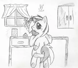 Size: 600x525 | Tagged: safe, artist:srmario, derpibooru import, oc, unofficial characters only, alicorn, firefly (insect), insect, pony, alicorn oc, broken horn, female, glowing horn, grayscale, horn, image, indoors, looking back, magic, mare, monochrome, png, quill, solo, telekinesis, traditional art, wings