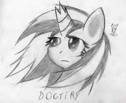 Size: 550x451 | Tagged: safe, artist:srmario, derpibooru import, oc, unofficial characters only, pony, broken horn, eyelashes, female, grayscale, horn, image, mare, monochrome, png, sad, solo, traditional art