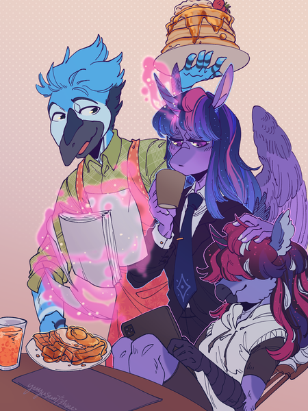 Size: 1500x2000 | Tagged: safe, artist:yuyusunshine, derpibooru import, twilight sparkle, oc, anthro, hippogriff, hybrid, clothes, crossover, crossover shipping, female, food, image, interspecies offspring, male, mordecai, mordetwi, necktie, offspring, pancakes, parent:mordecai, parents:mordetwi, parent:twilight sparkle, png, regular show, shipping, straight, suit