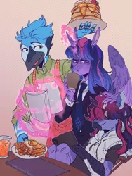 Size: 1500x2000 | Tagged: safe, artist:yuyusunshine, derpibooru import, twilight sparkle, oc, anthro, hippogriff, hybrid, clothes, crossover, crossover shipping, female, food, image, interspecies offspring, male, mordecai, mordetwi, necktie, offspring, pancakes, parent:mordecai, parents:mordetwi, parent:twilight sparkle, png, regular show, shipping, straight, suit