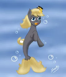 Size: 2260x2653 | Tagged: safe, artist:mizuki12341, derpibooru import, oc, unofficial characters only, earth pony, pony, seapony (g4), blue eyes, bubble, digital art, fish tail, flowing mane, flowing tail, hat, image, jpeg, ocean, open mouth, open smile, seaponified, signature, smiling, solo, species swap, swimming, tail, teeth, underwater, water, yellow mane