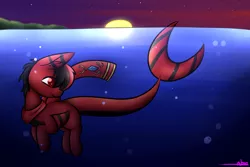 Size: 1500x1000 | Tagged: safe, artist:ashee, derpibooru import, oc, unofficial characters only, hybrid, merpony, original species, shark, shark pony, bubble, clothes, crepuscular rays, fish tail, flowing tail, image, ocean, png, red eyes, scarf, sky, smiling, solo, stars, sun, sunlight, sunset, swimming, tail, underwater, water