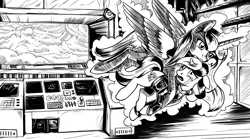 Size: 4256x2364 | Tagged: safe, artist:lexx2dot0, derpibooru import, oc, oc:blackjack, oc:lacunae, alicorn, pony, unicorn, fallout equestria, fallout equestria: project horizons, black and white, book, comic, duo, fanfic art, grayscale, horn, image, monochrome, png, small horn