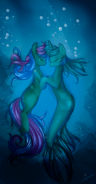 Size: 1250x2400 | Tagged: safe, artist:colochenni, derpibooru import, bon bon, lyra heartstrings, sweetie drops, earth pony, hybrid, merpony, pony, sea pony, seapony (g4), unicorn, bubble, crepuscular rays, dark, eyes closed, female, fish tail, flowing mane, flowing tail, green mane, horn, image, looking at each other, ocean, png, seaponified, seapony lyra, seaweed, signature, species swap, tail, underwater, water