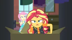 Size: 3410x1920 | Tagged: safe, derpibooru import, screencap, fluttershy, sunset shimmer, costume conundrum, costume conundrum: sunset shimmer, equestria girls, equestria girls series, spoiler:eqg series (season 2), clothes, cutie mark, cutie mark on clothes, female, geode of empathy, geode of fauna, hairpin, image, jacket, jewelry, jpeg, leather, leather jacket, lidded eyes, magical geodes, necklace, open mouth