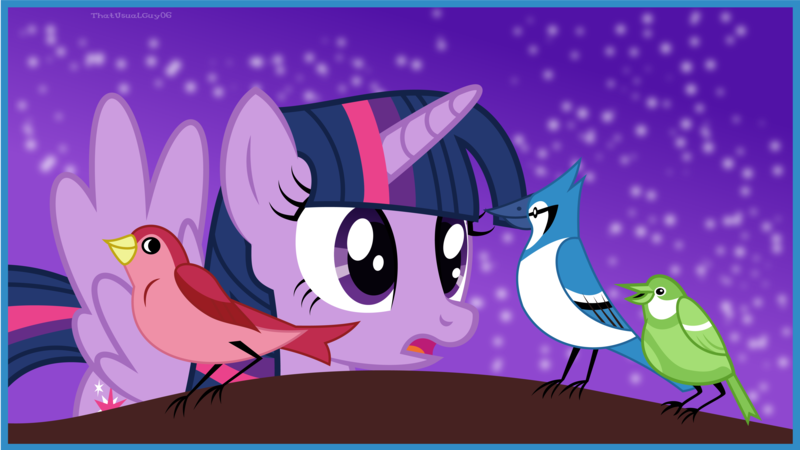 Size: 5421x3049 | Tagged: safe, artist:thatusualguy06, derpibooru import, twilight sparkle, twilight sparkle (alicorn), alicorn, bird, blue jay, pony, friendship is magic, absurd resolution, crossover, crossover shipping, female, flying, image, implied mordecai, implied straight, looking at each other, male, meme, mordecai, mordetwi, night, open mouth, png, redraw mordetwi meme, regular show, shipping, stars, straight, vector