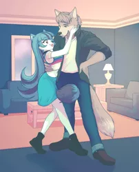 Size: 3426x4240 | Tagged: suggestive, artist:rileyav, sonata dusk, oc, anthro, cat, plantigrade anthro, anthrofied, boots, canon x oc, clothes, couch, furry, furry oc, hand on face, hand on hip, image, jacket, jeans, lamp, non-mlp oc, one eye closed, pants, png, shoes, skirt, species swap, table, tail around leg, tongue out, vest, wink