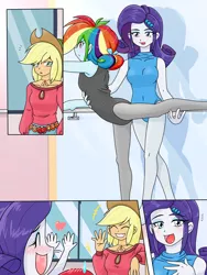 Size: 1668x2224 | Tagged: safe, artist:batipin, derpibooru import, applejack, rainbow dash, rarity, equestria girls, ballet, blushing, breasts, clothes, comic, eyes closed, image, leotard, open mouth, png, sweat, sweatdrop, working