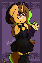 Size: 3368x5000 | Tagged: safe, artist:theawkwarddork, derpibooru import, oc, oc:awkward dork, anthro, pony, unicorn, clothes, dress, femboy, fishnets, freckles, goth, image, jewelry, makeup, male, png, solo