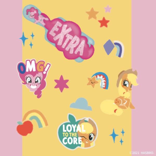 Size: 1080x1080 | Tagged: safe, artist:mylittleponyjpn, derpibooru import, official, part of a set, applejack, pinkie pie, earth pony, pony, apple, food, head only, image, jpeg, rainbow, simple background, sitting, stars