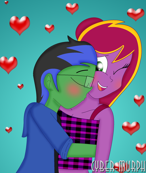 Size: 1536x1816 | Tagged: safe, artist:cyber-murph, derpibooru import, oc, oc:diamond-chi, oc:thunderspeak, equestria girls, anniversary, blushing, commission, glasses, heart, image, neck kiss, oc x oc, png, shipping, signature