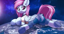 Size: 5840x3160 | Tagged: safe, artist:redmn, derpibooru import, oc, oc:evening skies, unofficial characters only, pegasus, pony, absurd resolution, choker, clothes, collar, female, giantess, image, leggings, looking back, macro, mare, png, pony bigger than a planet
