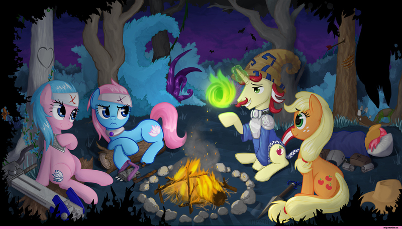 Size: 1920x1094 | Tagged: safe, artist:obcor, derpibooru import, aloe, applejack, babs seed, flam, lotus blossom, earth pony, pony, unicorn, aloeflam, campfire, female, image, jpeg, magic, male, shipping, sleeping bag, spa twins, straight