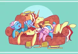 Size: 650x448 | Tagged: safe, artist:goatsocks, derpibooru import, aloe, flam, flim, lotus blossom, couch, double barreled shipping, female, flim flam brothers, flim skim, image, male, png, pony pile, shipping, sleeping, spa twins, straight
