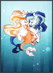 Size: 592x804 | Tagged: safe, artist:captivelegacy, derpibooru import, oc, unofficial characters only, hybrid, merpony, seapony (g4), bubble, crepuscular, crepuscular rays, eyelashes, fish tail, flowing mane, flowing tail, image, looking at each other, mermaid tail, ocean, png, smiling, sunlight, tail, underwater, water