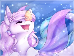 Size: 2811x2134 | Tagged: safe, artist:creativecocoacookie, derpibooru import, oc, unofficial characters only, hybrid, merpony, seapony (g4), bubble, crepuscular rays, egg, eyes closed, female, fin wings, fish tail, flower, flower in hair, flowing mane, flowing tail, image, ocean, open mouth, open smile, pink mane, png, smiling, solo, speedpaint, sunlight, swimming, tail, underwater, water, wings