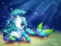 Size: 2811x2134 | Tagged: safe, artist:creativecocoacookie, derpibooru import, oc, unofficial characters only, hybrid, merpony, seapony (g4), starfish, blue mane, bubble, crepuscular rays, dorsal fin, fins, fish tail, flowing mane, flowing tail, green eyes, image, lidded eyes, looking up, lying down, ocean, png, sand, signature, smiling, solo, speedpaint, sunlight, tail, underwater, water