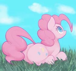 Size: 2623x2443 | Tagged: safe, artist:noupu, derpibooru import, pinkie pie, earth pony, pony, balloonbutt, butt, cloud, cute, female, grass, image, jpeg, looking up, lying, mare, sky, solo, tail, tail aside