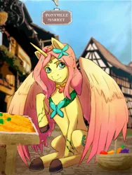 Size: 2400x3200 | Tagged: safe, artist:kovalev, derpibooru import, oc, oc:princess fluttershy, alicorn, alicorn oc, alternate character design, alternate cutie mark, alternate hairstyle, alternate universe, carrot, commission, element of kindness, food, horn, image, implied carrot top, jewelry, jpeg, market, ponyville market, princess fluttershy, story included, tiara, two toned wings, vegetables, wings, ych result