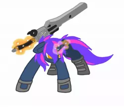 Size: 2063x1773 | Tagged: safe, artist:kurogetsuouji, derpibooru import, oc, oc:dusksworn catalyst, unicorn, clothes, gunblade, horn, image, jpeg, magic, magic aura, solo, two toned eyes, two toned mane, two toned tail, unicorn oc