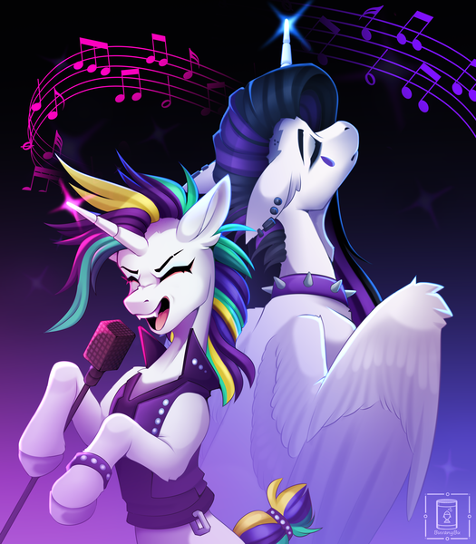 Size: 8268x9449 | Tagged: safe, artist:buvanybu, derpibooru import, princess celestia, rarity, alicorn, pony, unicorn, between dark and dawn, it isn't the mane thing about you, alternate hairstyle, bracelet, clothes, collar, g4, image, jewelry, microphone, png, punk, punklestia, raripunk, rock, singing, spiked collar, vest