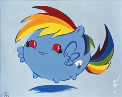 Size: 758x600 | Tagged: safe, artist:painting with a twist, derpibooru import, official, rainbow dash, pegasus, pony, blob, blob ponies, blue background, female, g4, image, jpeg, mare, painting, simple background, solo, traditional art, tsum tsum, watermark