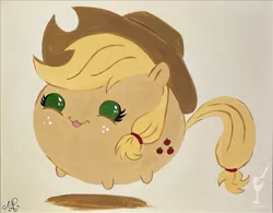 Size: 769x600 | Tagged: safe, artist:painting with a twist, derpibooru import, official, applejack, earth pony, pony, applejack's hat, blob, blob ponies, cowboy hat, female, g4, hat, image, jpeg, mare, painting, simple background, solo, traditional art, tsum tsum, watermark, yellow background