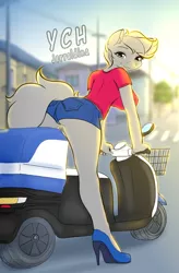 Size: 2420x3680 | Tagged: suggestive, artist:jerraldina, derpibooru import, anthro, earth pony, human, pegasus, pony, unicorn, blonde mane, blonde tail, blue bottomwear, buttcrack outline, clothes, commission, delivery, denim shorts, furry, happy, high heels, image, jpeg, kneepits, looking at you, looking back, looking back at you, outdoors, rear view, red topwear, scooter, sexy, shirt, shoes, short mane, shorts, smiling, sunset, sunshine, t-shirt, tomboy, two toned footwear, watermark, your character here