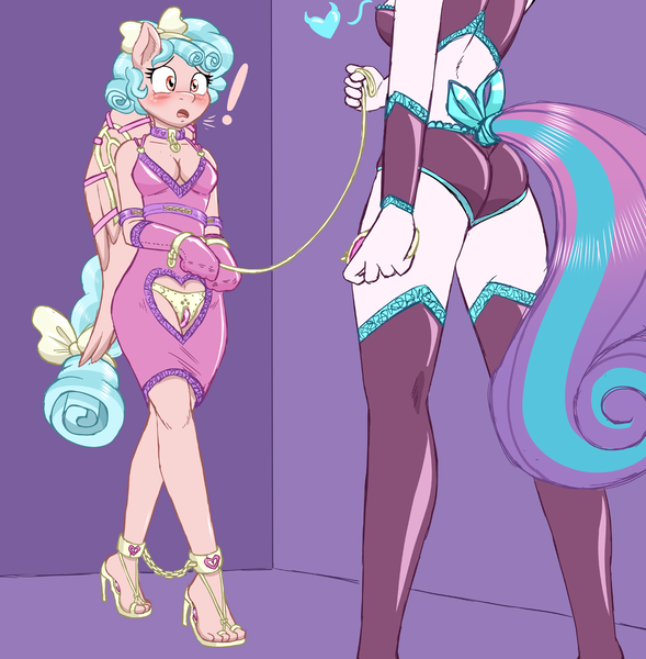 Size: 1078x1098 | Tagged: questionable, artist:caroo, derpibooru import, cozy glow, princess flurry heart, alicorn, anthro, pegasus, plantigrade anthro, ankle chain, arm warmers, bdsm, blushing, bondage, bondage mitts, bound wings, bow, breasts, chastity, chastity belt, cleavage, clothes, collar, corset, crotchless, cuffs, dominant, exclamation point, feet, female, femdom, floating heart, hair bow, heart, high heels, hobble dress, image, kinky, lead, lesbian, older, older cozy glow, older flurry heart, open mouth, panties, png, remote, shoes, socks, stockings, subglow, submissive, tail bow, thigh highs, underwear, wings