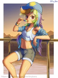 Size: 967x1290 | Tagged: suggestive, artist:tinybenz, derpibooru import, rainbow dash, human, beautiful, blue bottomwear, blue topwear, bra, breasts, cap, clothes, crop top bra, cute, dashabetes, denim shorts, exposed belly, female, food, forest, hat, human coloration, humanized, image, jacket, jpeg, lake, leaning back, leaning on railings, midriff, mountain, mountain range, multicolored hair, one knee arched, outdoors, popsicle, railing, rainbow hair, shiny skin, shorts, signature, snapback, solo, solo female, summer, sunset, sunshine, sweat, tanktop, tomboy, tree, two toned bra, underwear, wristband