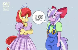 Size: 1890x1224 | Tagged: safe, artist:traupa, derpibooru import, apple bloom, diamond tiara, anthro, earth pony, accessory swap, alternate hairstyle, clothes swap, crown, hair swap, image, jewelry, jpeg, open mouth, regalia, speech bubble