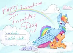 Size: 3172x2328 | Tagged: safe, artist:kiselan, derpibooru import, rainbow dash, scootaloo, pegasus, pony, cloud, cute, friendship day, image, png, rainbow, scootalove