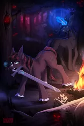 Size: 4000x6000 | Tagged: suggestive, artist:sparklyon3, derpibooru import, oc, earth pony, unicorn, campfire, commission, forest, glowing eyes, glowing horn, horn, image, magic, mouth hold, png, sword, tree, weapon