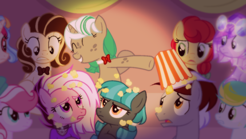 Size: 1266x720 | Tagged: safe, artist:equmoria, derpibooru import, oc, oc:archet vivace, oc:aurum, oc:charlotte, oc:diamond glitter, oc:hairstyle bun, oc:leah art, oc:lime breeze, oc:literal legend, oc:piano mint, oc:rolling sky, unofficial characters only, crystal pony, earth pony, pegasus, pony, unicorn, base used, bowtie, female, food, freckles, image, male, mare, png, popcorn, stallion