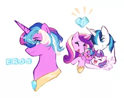 Size: 1118x892 | Tagged: safe, artist:kino-ta, derpibooru import, princess cadance, princess flurry heart, shining armor, oc, oc:eros, pony, unicorn, female, image, male, offspring, parent:princess cadance, parent:shining armor, parents:shiningcadance, png, shiningcadance, shipping, simple background, straight, white background