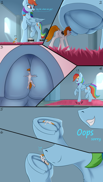 Size: 3950x6950 | Tagged: suggestive, artist:leon_zi, derpibooru import, rainbow dash, oc, oc:vanilla beam, earth pony, pegasus, pony, closet, comic, commission, crushing, featureless crotch, female, frog (hoof), giantess, hooves, image, macro, male, mare, micro, png, room, rug, size difference, sky, smiling, sniffing, swirly eyes, text, underhoof, window, wings