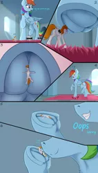 Size: 3950x6950 | Tagged: suggestive, artist:leon_zi, derpibooru import, rainbow dash, oc, oc:vanilla beam, earth pony, pegasus, pony, closet, comic, commission, crushing, featureless crotch, female, frog (hoof), giantess, hooves, image, macro, male, mare, micro, png, room, rug, size difference, sky, smiling, sniffing, swirly eyes, text, underhoof, window, wings