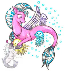 Size: 828x914 | Tagged: safe, artist:missoverlord, derpibooru import, edit, silverstream, jellyfish, seapony (g4), blue mane, bubble, dorsal fin, female, fins, fin wings, fish tail, flowing mane, heart, image, jewelry, jpeg, logo, logo edit, necklace, open mouth, purple eyes, seapony silverstream, signature, simple background, smiling, solo, tail, wings