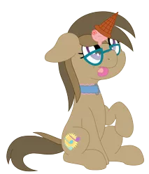 Size: 3400x4000 | Tagged: safe, artist:djdavid98, derpibooru import, oc, oc:dawnsong, unofficial characters only, earth pony, pony, brown fur, brown mane, choker, commission, female, floppy ears, food, glasses, ice cream, ice cream cone, ice cream horn, image, looking up, png, purple eyes, raised leg, simple background, sitting, solo, solo female, strawberry, tongue out, transparent background, ych result